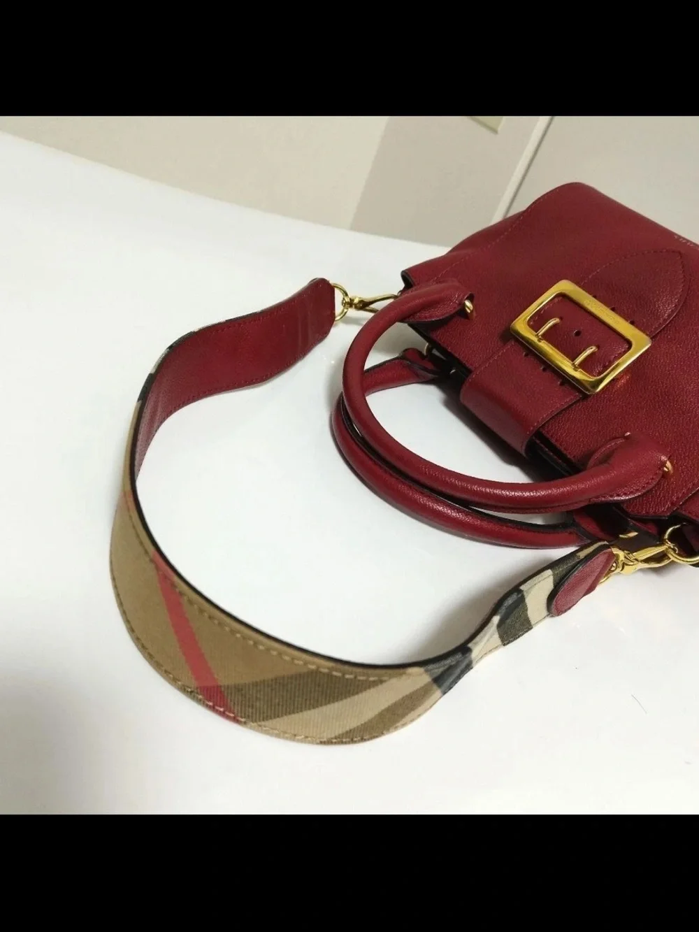 Burberry Burgundy Leather Satchel with Check Shoulder Strap
